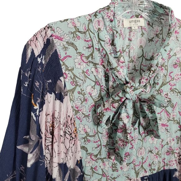 Umgee Size L Dress Blue CottageCore Floral Crinkle V-neck Ribbon Tie Puff Sleeve - Picture 4 of 9